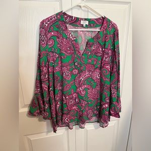 Crown & Ivy Paisley Print Green and Pink Blouse Size XL